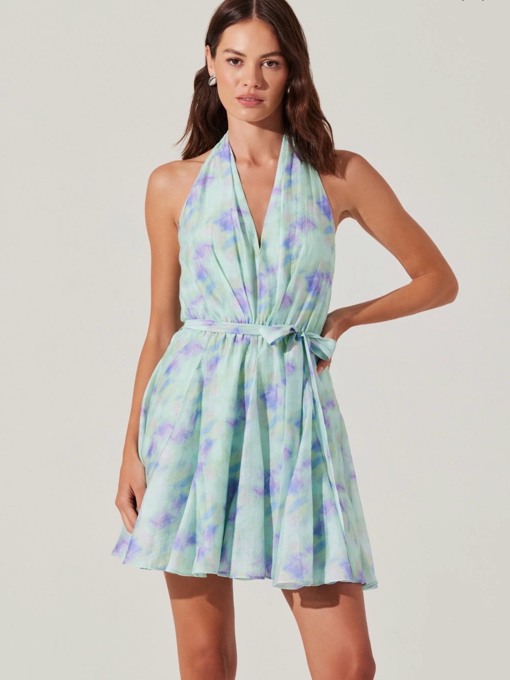 ASTR Clare Halter Tie-Dye Mini Dress in Mint & Lavender